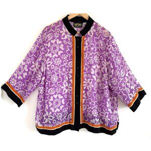 Bob Mackie Wearable Art Silk Floral Blouse 1X Purple Black‎ Orange Trim Colorful